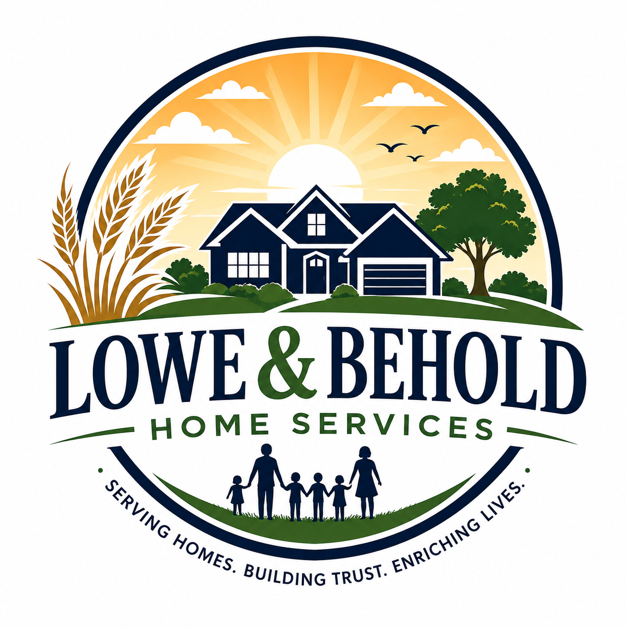 Lowe and Behold emblem showing a home, sunrise, wheat, and family